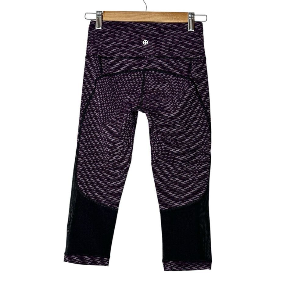 Lululemon Leggings Women Size‎ 4 Purple Black Mesh 17" In Athleisure Gym Outdoor